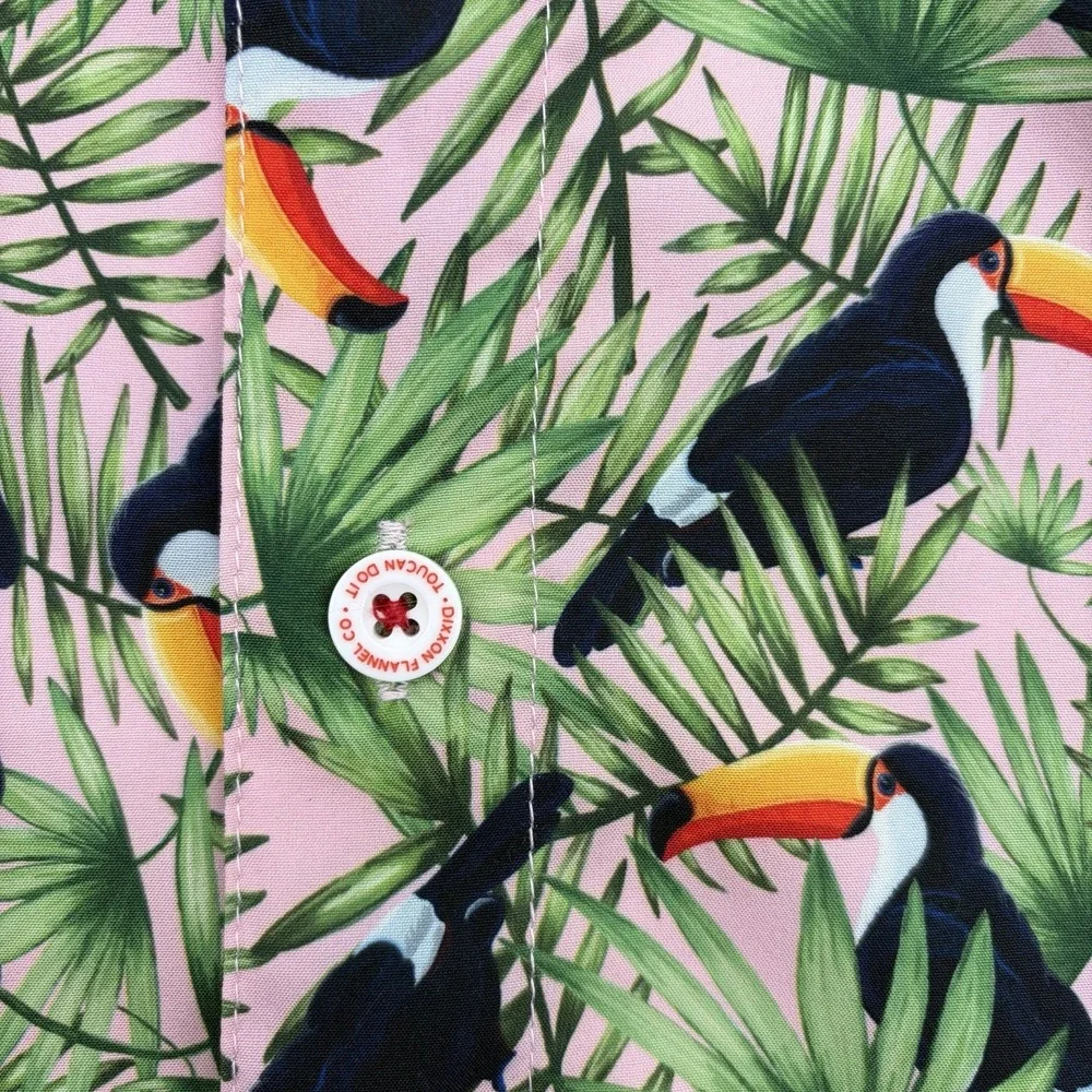 Dixxon Shirt Mens XL Pink Green Toucan Do It Hawaiian Button Up Tropical Bird
